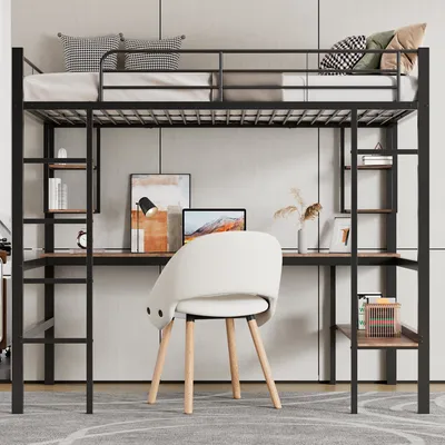 Produktbild von Fortuna Lai 90x200cm Bettgestell Metallbett, Eisenbett mit Schreibtisch, Hochbett mit 4 kleinen Regalen und einem großen Bücherregal für Kinder, Jugendliche und Erwachsene, Schwarz