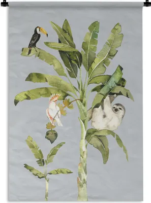 Produktbild von MuchoWow® Wandteppich Wandbehang Dschungel - Faultier - Vogel 90x135 cm Tapisserie Dekoration Wandtuch - Baumwolle - Wandskulptur