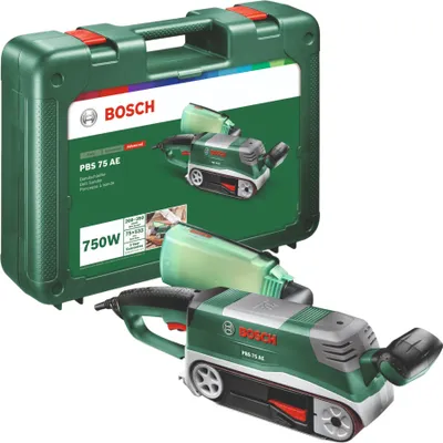 A Bosch belt sander is shown in its carrying case and also outside of it.