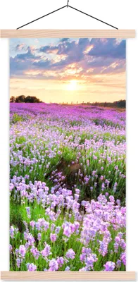 Produktbild von MuchoWow® Textilposter Blumen - Lavendel - Lila - Himmel - Sonnenuntergang - Wiese - Natur 60x120 cm mit holzfarbenen Rahmen - Holz