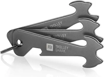 Produktbild von FABACH 3 x Trolley Shark Blacky Einkaufswagenlöser Schlüsselanhänger - Abziehbarer Einkaufswagenchip, Einkaufschip für Einkaufswagen aus Edelstahl/Metall - Kein Steckenbleiben im Pfandschloss