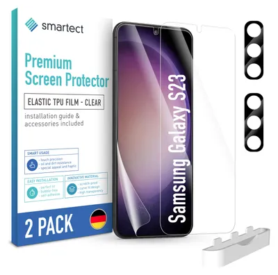 A product shot of screen protectors for a Samsung Galaxy S23, along with its packaging.