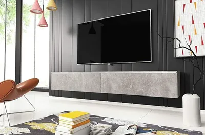 Obrázek produktu pro Nízka komoda, televizní nábytek, 180 cm, stojan na televizi, závěsná skříň, bílá barva, beton (beton s LED osvětlením)
