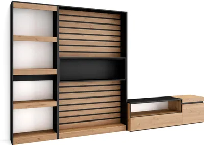 Produktbild von Wohnwand Wohnzimmer, 320x35x186cm, Wohnzimmer Möbel, Eiche und Schwarz