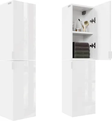 Produktbild von PLATAN ROOM 2 TLG.-Set Badezimmerschrank 120(2x60)H x 30B x 25T cm hängend Badschrank Hängeschrank mit Soft-Close Funktion Badezimmermöbel Hochschrank Weiß Hochglanz