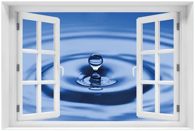 Produktbild von Wallario Premium Glasbild mit Fensterrahmen, freischwebende Optik, kräftige Farben, Größe 60 x 90 cm Motiv Wassertropfen im blauen Wasser