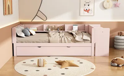 Zdjęcie produktu dla Wielofunkcyjne łóżko dziecięce 90x200 cm z wysuwanym łóżkiem, zintegrowanym biurkiem i 3 półkami, różowe