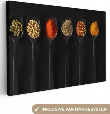 Produktbild von MuchoWow® - Leinwandbilder - Löffel - Gewürze - Schwarz - Gewürze - Rustikal, Wandbild, Wanddeko Bilder Wohnzimmer, 60x40 cm