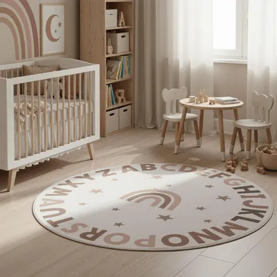 Produktbild von Carpetsale24 Kinderteppich Alphabet Lernteppich rund 160 cm für Kinderzimmer in Creme mit Buchstaben Motiv ideal zum Lernen und Spielen