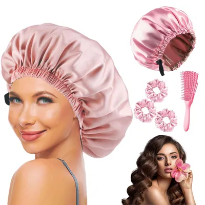 Produktbild von Elzusha – Seiden-Schlafhaube für lockiges Haar, verstellbar, schwarz-rosa