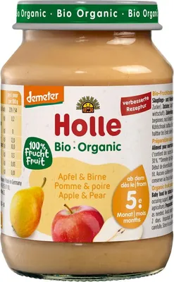 JABŁKO - GRUSZKA BEZ DODATKU CUKRÓW BEZGLUTENOWE OD 5 MIESIĄCA DEMETER BIO 190 g (SŁOIK) - HOLLE