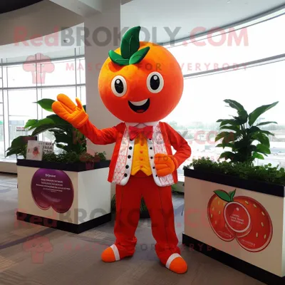 Produktbild von Orange-Erdbeer REDBROKOLY Maskottchen kostüm gekleidet in ein Hemd und Ringe