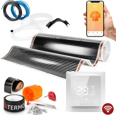 A collage of items related to an underfloor heating system, including heating mats, a thermostat, wires, and installation tools, with a hand holding a smartphone displaying the thermostat app.