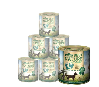 Produktbild von Dehner Best Nature Hundefutter, Nassfutter getreidefrei, für ausgewachsene Hunde, Wild / Huhn / Nudeln, 6 x 800 g Dose (4.8 kg)