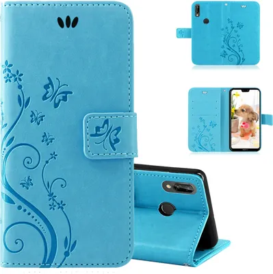A collage of images showing a blue flip phone case with a floral and butterfly design.