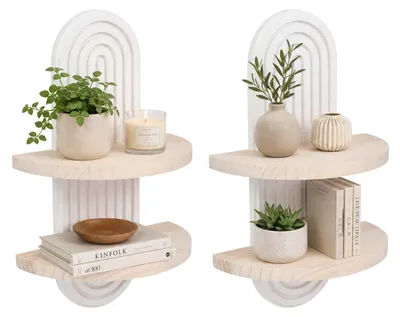Productafbeelding van Relaxdays Wandplanken, set van 2, afmetingen (hoogte x breedte x diepte): 35 x 21,5 x 12 cm, hout, regenboogdesign, boho-stijl, zwevende plank met 2 legplanken, naturel/wit