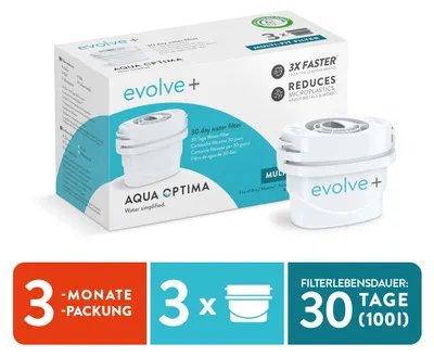Produktbild von Aqua Optima Wasserfilterkartusche, Evolve+ 3er Pack (Vorrat für 12 Monate), kompatibel mit Brita Maxtra+ & PerfectFit*, 5-stufiges Filtersystem reduzi