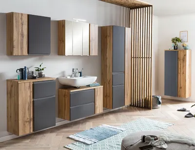 Produktbild von Badezimmer Komplett Set in Wotan Eiche Nb. mit grau, LED Beleuchtung, stehend oder hängend, VASTO-03-GREY