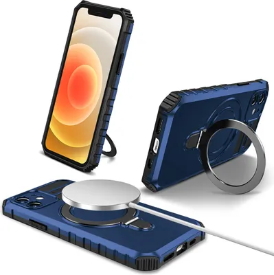 Immagine prodotto di Custodia per iPhone 12 magnetica con MagSafe, supporto per anello, supporto, custodia protettiva a doppio strato blu