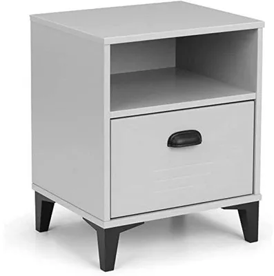 Produktbild von Unyqoos® Grauer Nachttisch 52 cm – Massivholz & MDF, Schublade mit Metall-Akzenten, Vintage-Design mit Lüftungselementen