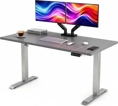 Produktbild von Höhenverstellbarer Schreibtisch Elektrisch 120x60 cm | Massive 25mm Platte | Memory-Panel mit USB-C und USB-A | Steh-Sitz-Tisch für Home Office | Gestell Silber, Platte Dunkelgrau