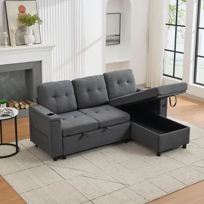Zdjęcie produktu dla Trzyosobowa sofa rozkładana Merax z uchwytami na kubki, rozkładana sofa z ukrytym schowkiem, narożnik Treviso z oświetleniem LED i portami USB i Type-C, w kształcie litery L, szara