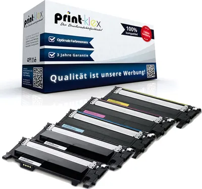 A box and several toner cartridges are displayed.