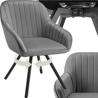 A collage of images showing a gray upholstered armchair with a swivel base, and a close-up of the chair's base.