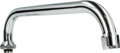 A chrome-plated faucet spout on a white background.