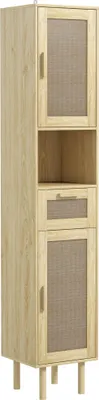 Produktbild von Badezimmerschrank mit Rattantüren, Schublade und 2 Fächern, 32 x 30 x 170 cm, Eiche