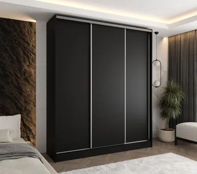 Produktbild von Moderner 3-türiger Schwebetürenschrank Schwarz 210x58x250 cm – Kleiderschrank für Flur, Schlafzimmer oder Ankleidezimmer