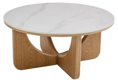 Produktbild von riess-ambiente Runder Couchtisch ENSO 80cm weiß natur Marmor-Design Keramik Eiche mit X-Gestell