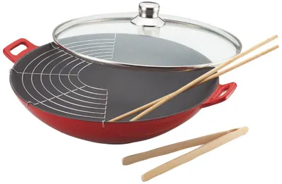 Immagine prodotto di Baumalu WOK 382872 Fonte Rouge Padella wok degradabile, diametro massimo 36 cm, ghisa/alluminio fuso, adatta per fornelli a induzione, rivestimento antiaderente, coperchio incluso