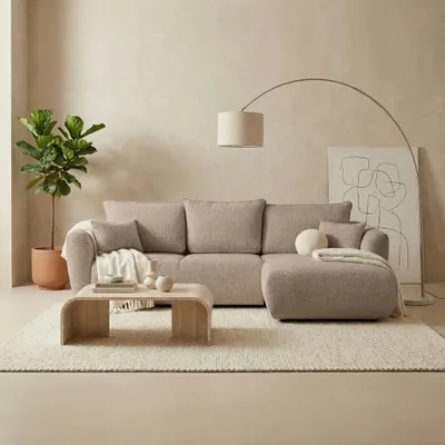 Produktbild von L-Form Ecksofa – Rechts – Modernes Sofa mit Schlaffunktion und Bettkasten – Liegefläche 210 × 140 cm – Dunkelbeige Strukturstoff Chenille