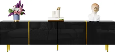 Produktbild von Schwarzes Hochglanz-TV-Schrank mit 4 Türen, modern und schlicht, in Schwarz-Gold-Farbkombination
