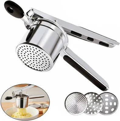 Immagine prodotto di Schiacciapatate con 3 setacci intercambiabili, in acciaio inossidabile, ideale per preparare purè di patate cremoso, passati di verdura e gnocchetti