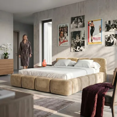 Produktbild von MUFFO Polsterbett SUENO 180x200 cm in Beige, gepolstertes Kopfteil, Metalllattenrost, Bettkasten, Velour-Stoff, KI-generiertes Bild