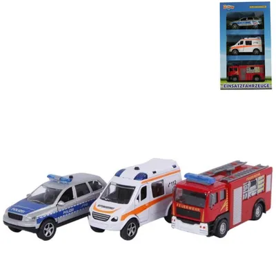 Produktbild von 2 Play Einsatzfahrzeuge 3-teilig, Polizeiauto, Rettungssanitäter, Feuerwehrauto