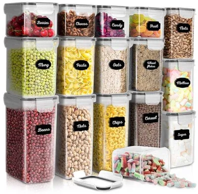 Obrázek produktu pro Sada vzduchotěsných nádob na potraviny, 16 kusů, průhledné, plastové, na obiloviny, mouku, těstoviny, s etiketami