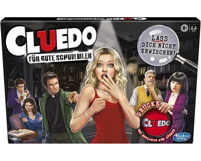 The image shows the front of a Cluedo board game box, featuring characters and game title.