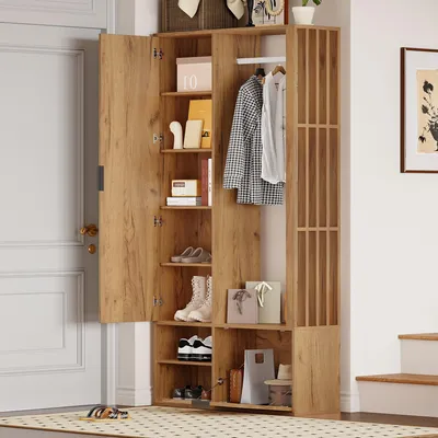Produktbild von MODFU Kleiderschränke Highboard mit spiegel,Schrank zum Aufhängen von Mänteln,Beistellschrank mit viel stauraum und Garderobenschrank,Holzfarbe