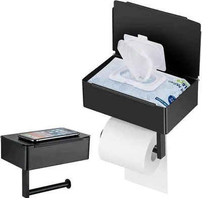Imagen del producto de Soporte para papel higiénico Unyqoos® con caja integrada para toallitas húmedas y estante, autoadhesivo, color mate, acero inoxidable, silencioso, ideal para baño y cocina