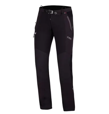 Schwarze Softshellhose für Damen von DirectAlpine mit mehreren Taschen und verstellbarem Bund.