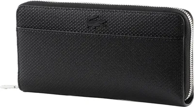 A black leather wallet with a textured pattern and a silver zipper.