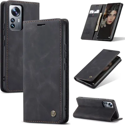 Obrázek produktu pro Xiaomi 12 Pro Pouzdro, RetroPolyuretanKožené Pouzdro s Funkcí Stojánku pro Xiaomi 12 Pro černé