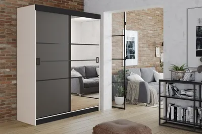Produktbild von FurMeb24 Schiebetrenschrank RETRO 4-138x200cm Kleiderschrank mit Spiegel, 2-triger Schiebeschrank (Weiss / Graphit Antrazit + Spiegel und schwarze Beschl€ge)