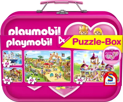 Produktbild von Puzzlebox PLAYMOBIL pink 4 Kinderpuzzle im Metallkoffer 2x60 und 2x100 Teile