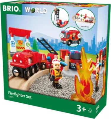 Produktbild von BRIO World 33815 Hasičská súprava - drevená železničná súprava vrátane hasičského auta so svetlom a zvukom - odporúčané pre deti od 3 rokov