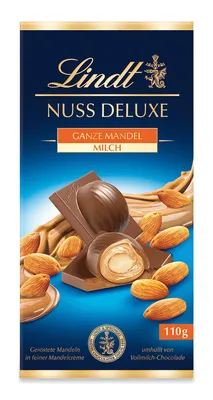 Produktbild von Lindt Nuss Deluxe Vollmilch Mandel 110g | Schweizer Schokolade mit ganzen Mandeln | Knusprig-cremige Genießermomente | Geschenkidee
