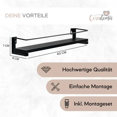 Produktbild von Gewürzregal Schwarz 2er Set für Gewürzgläser Gewürzaufbewahrung 40x9cm | Küchenregal Spice Rack Aufbewahrung Hängeregal Küchenschrank Gewürzständer
